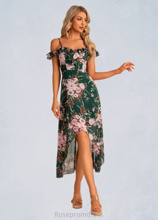 Rosie A-line Sweetheart Tea-Length Asymmetrical Chiffon Bridesmaid Dress With Floral Print Ruffle SRSP0022572