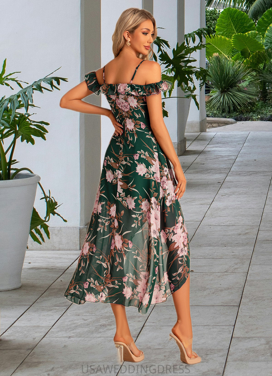 Lexie A-line Sweetheart Tea-Length Asymmetrical Chiffon Bridesmaid Dress With Floral Print Ruffle DSP0022572
