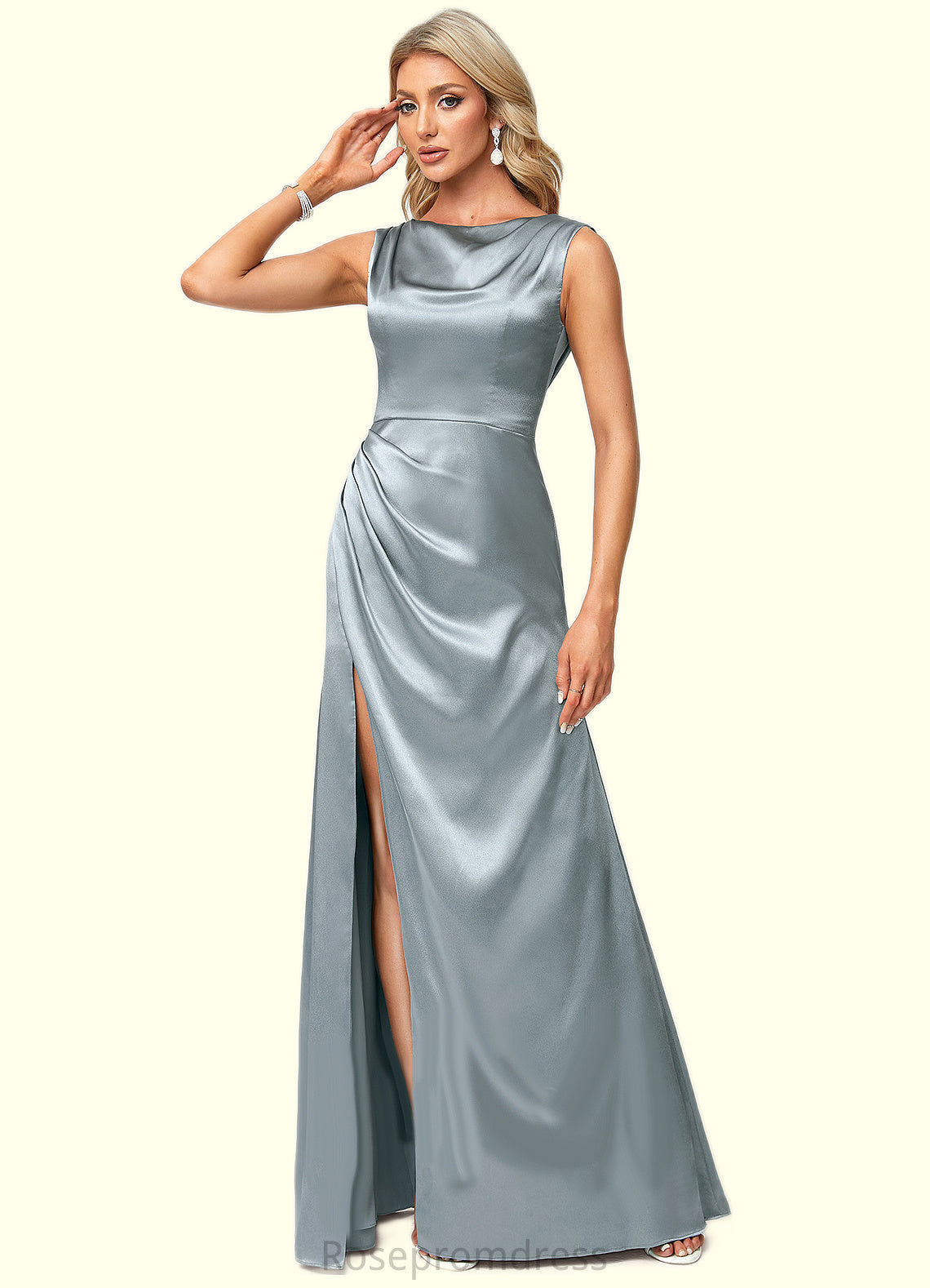Denise A-line Cowl Scoop Floor-Length Stretch Satin Bridesmaid Dress SRSP0022574