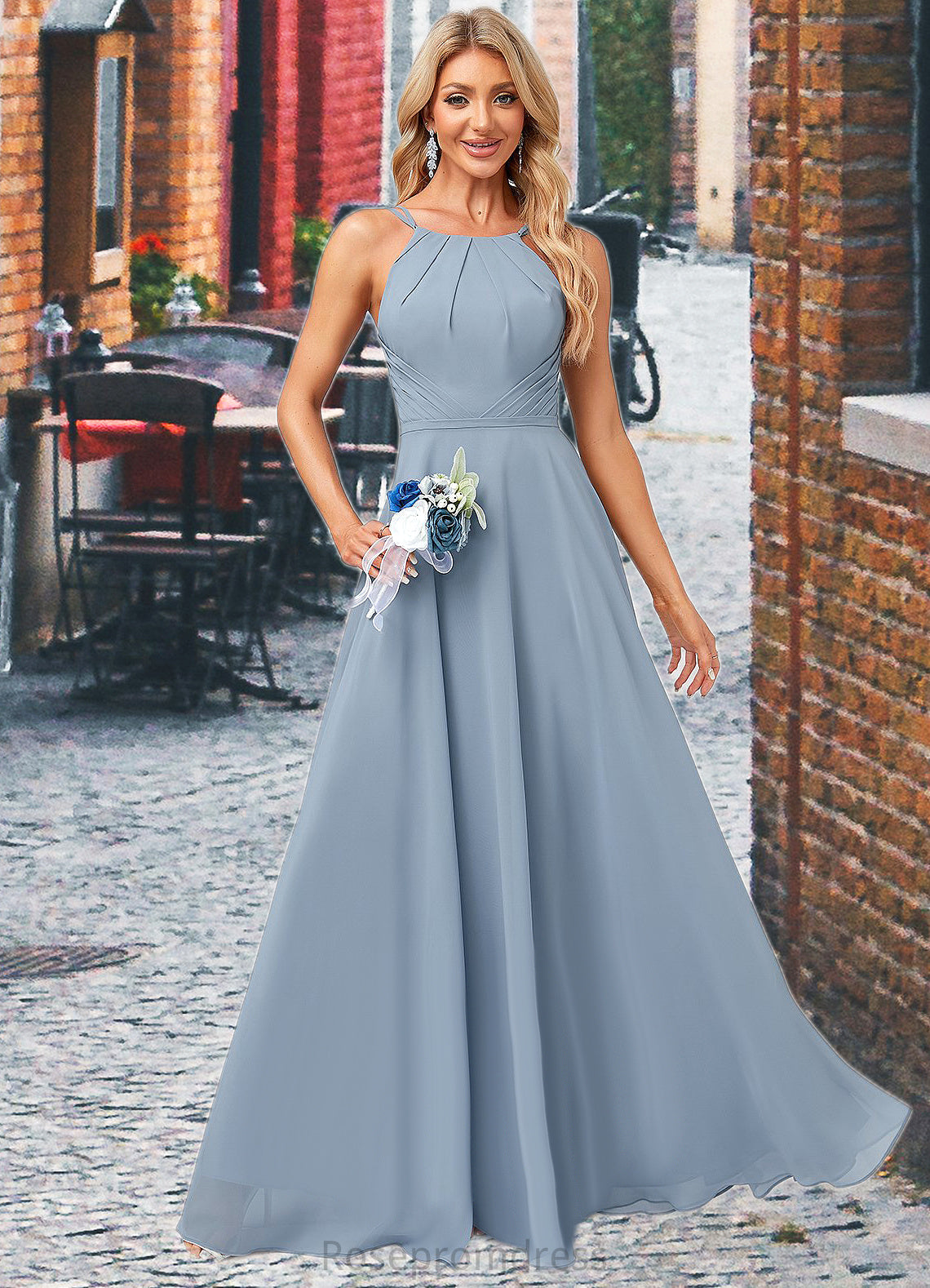Iris A-line Halter Floor-Length Chiffon Bridesmaid Dress SRSP0022575