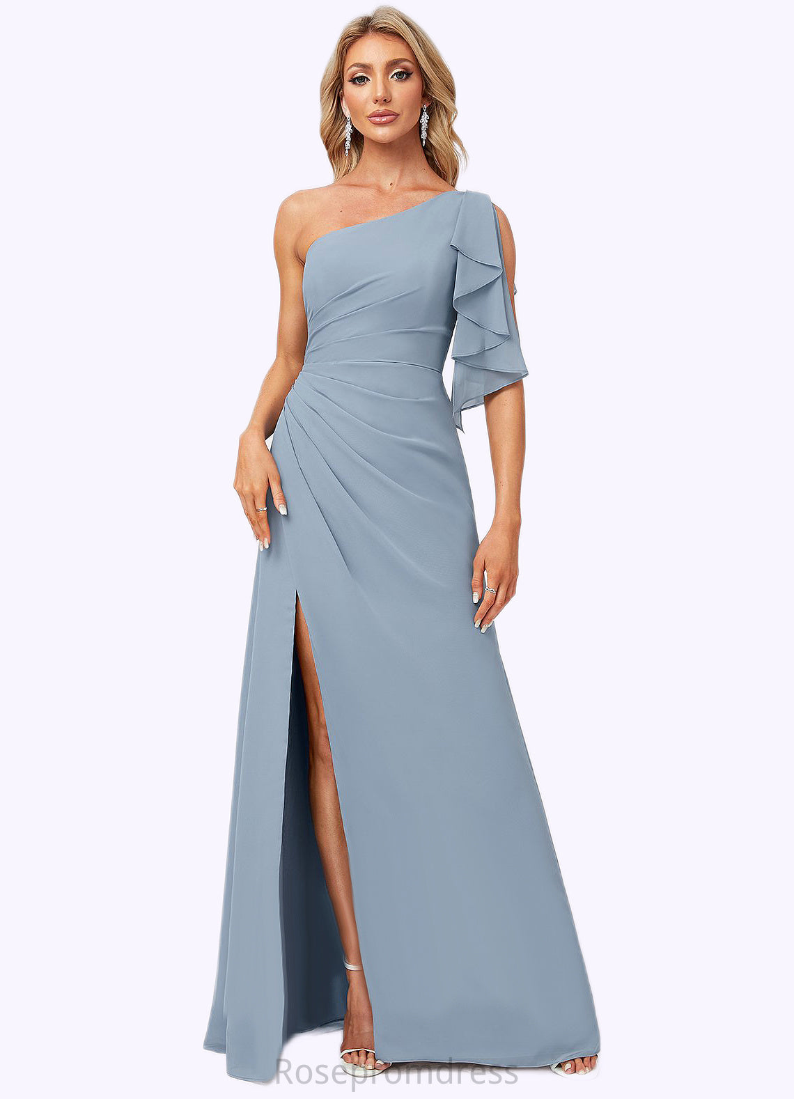 Jayda A-line One Shoulder Floor-Length Chiffon Bridesmaid Dress With Ruffle SRSP0022576