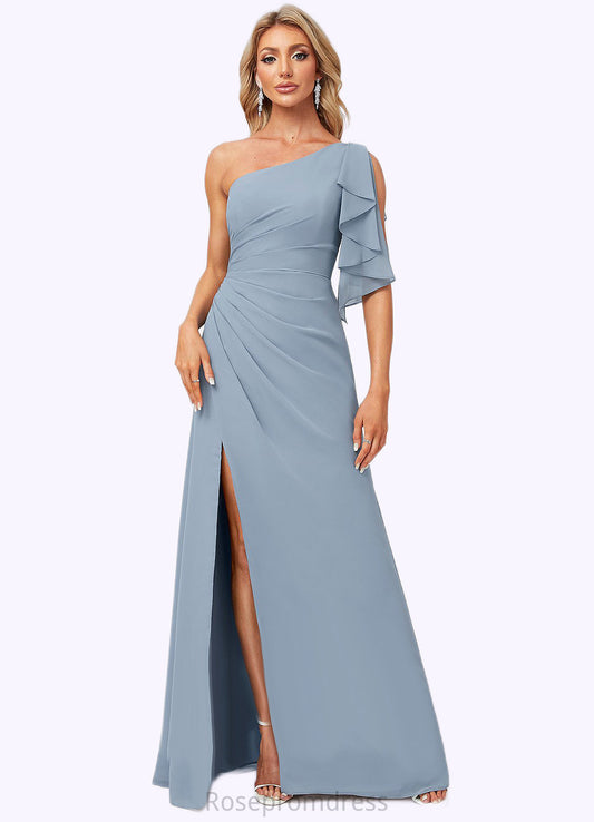 Jayda A-line One Shoulder Floor-Length Chiffon Bridesmaid Dress With Ruffle SRSP0022576