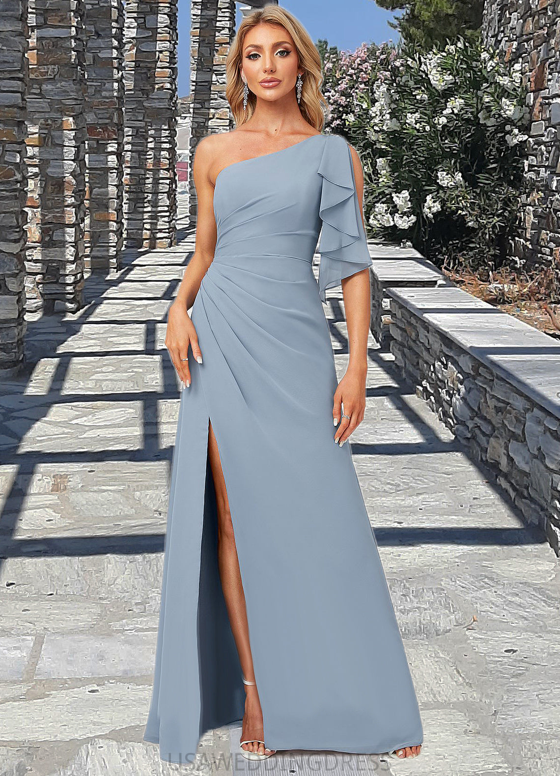 Aliya A-line One Shoulder Floor-Length Chiffon Bridesmaid Dress With Ruffle DSP0022576