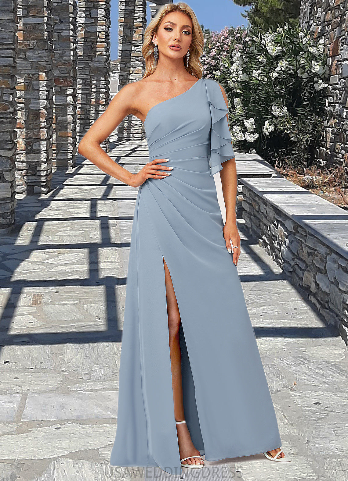 Aliya A-line One Shoulder Floor-Length Chiffon Bridesmaid Dress With Ruffle DSP0022576