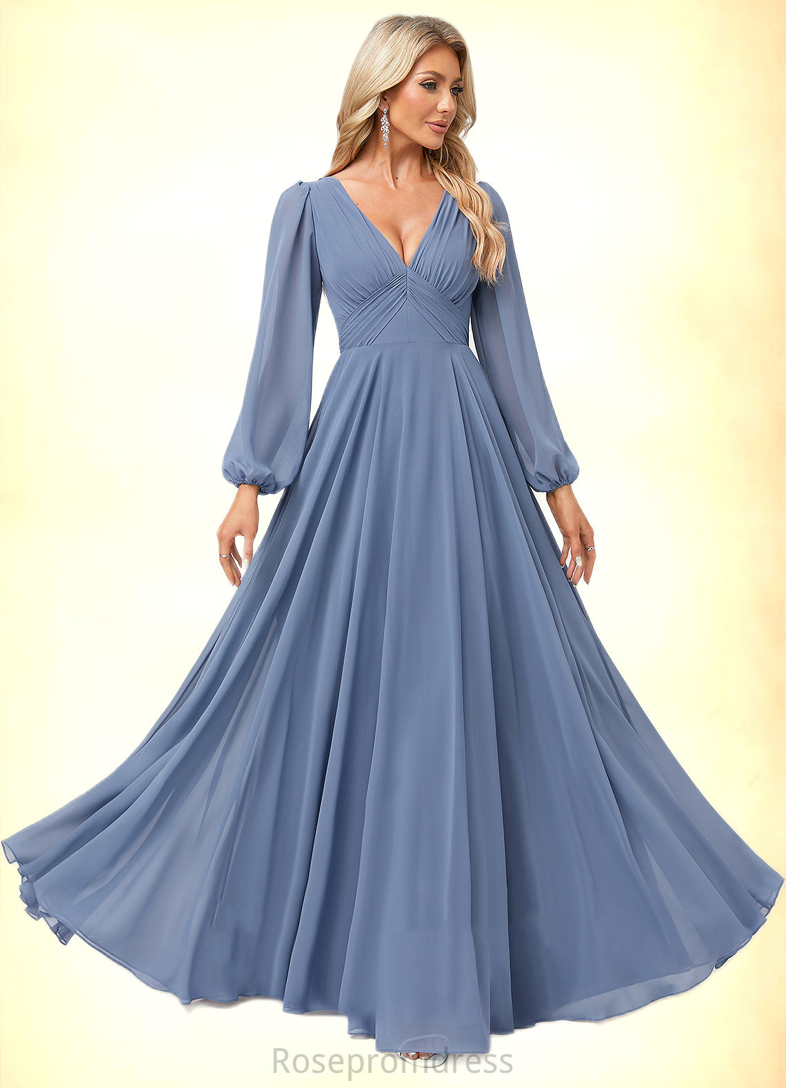 Yazmin A-line V-Neck Floor-Length Chiffon Bridesmaid Dress SRSP0022579