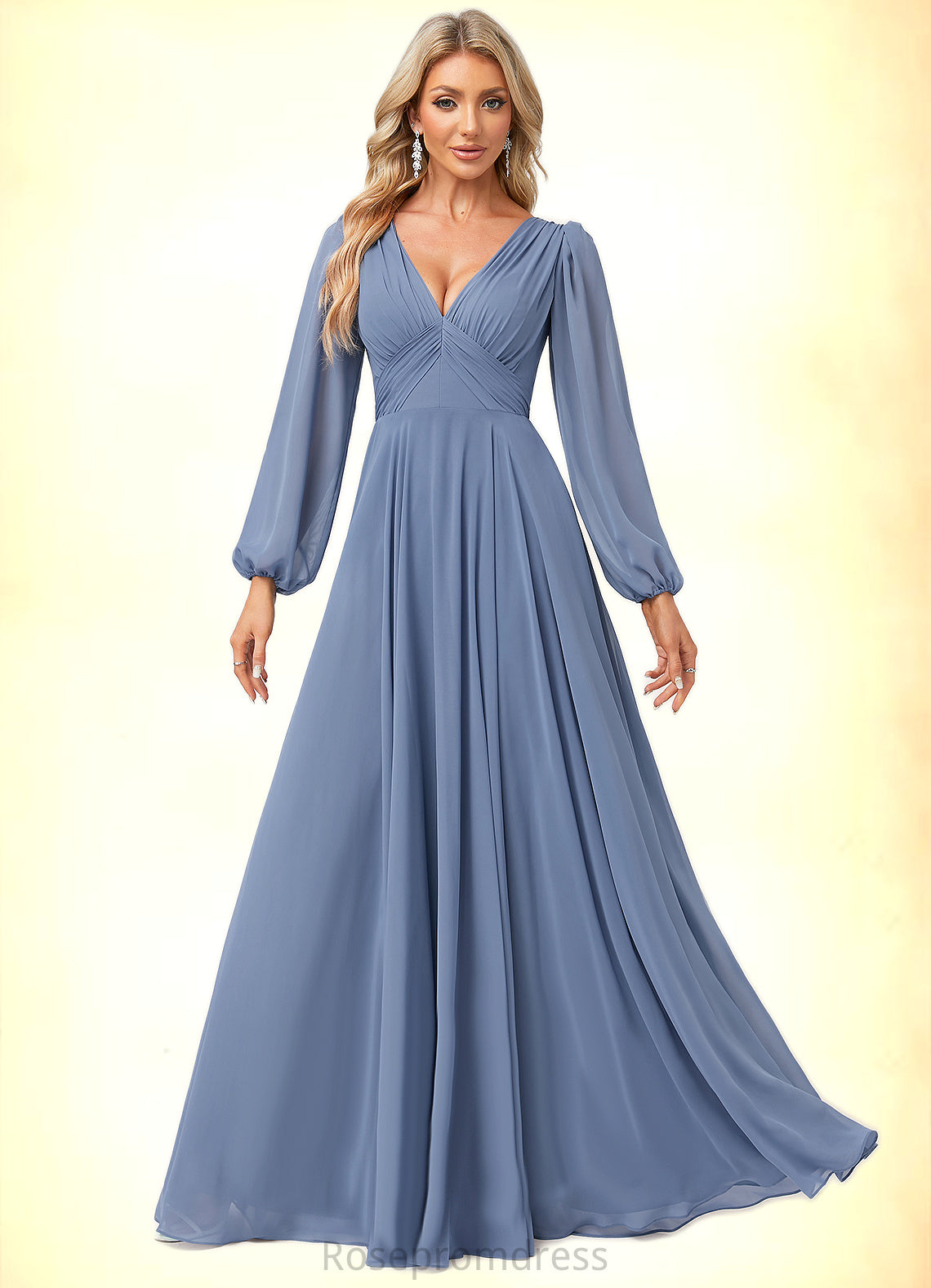 Yazmin A-line V-Neck Floor-Length Chiffon Bridesmaid Dress SRSP0022579