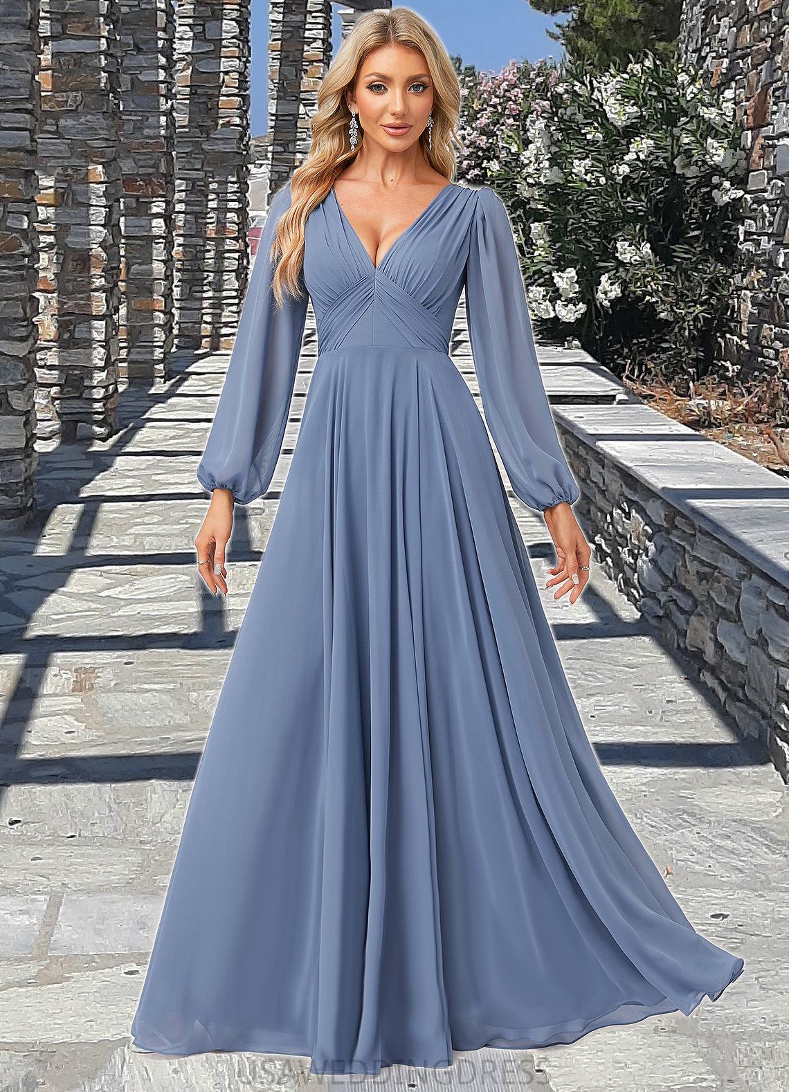 Alanna A-line V-Neck Floor-Length Chiffon Bridesmaid Dress DSP0022579