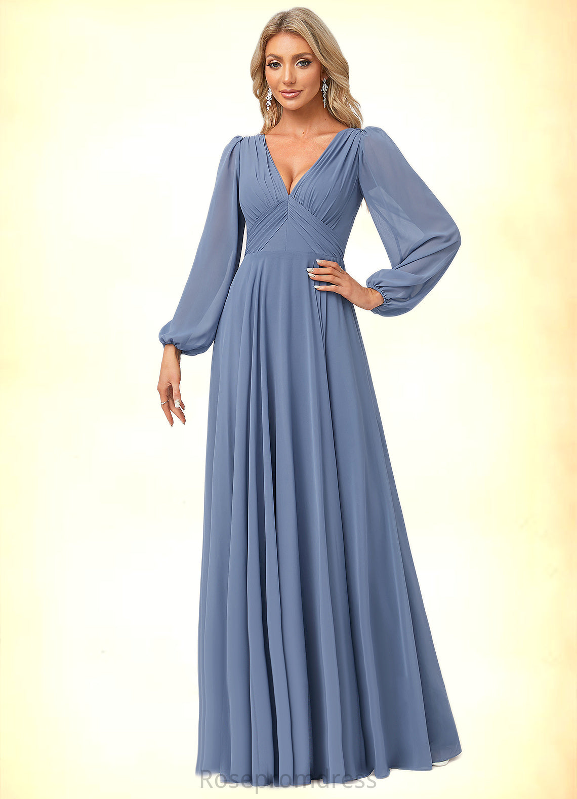 Yazmin A-line V-Neck Floor-Length Chiffon Bridesmaid Dress SRSP0022579
