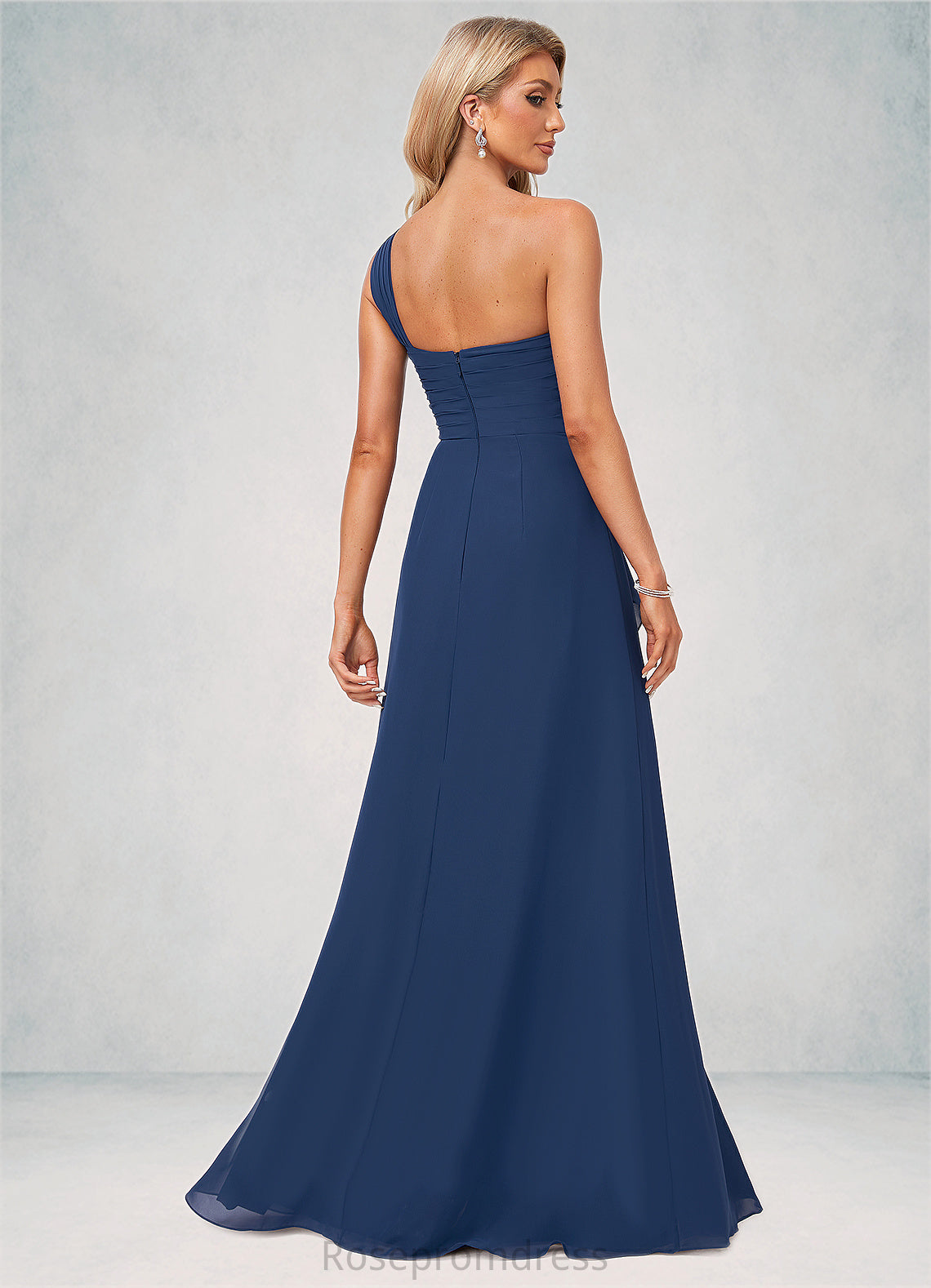 Amina A-line One Shoulder Floor-Length Chiffon Bridesmaid Dress With Ruffle SRSP0022581