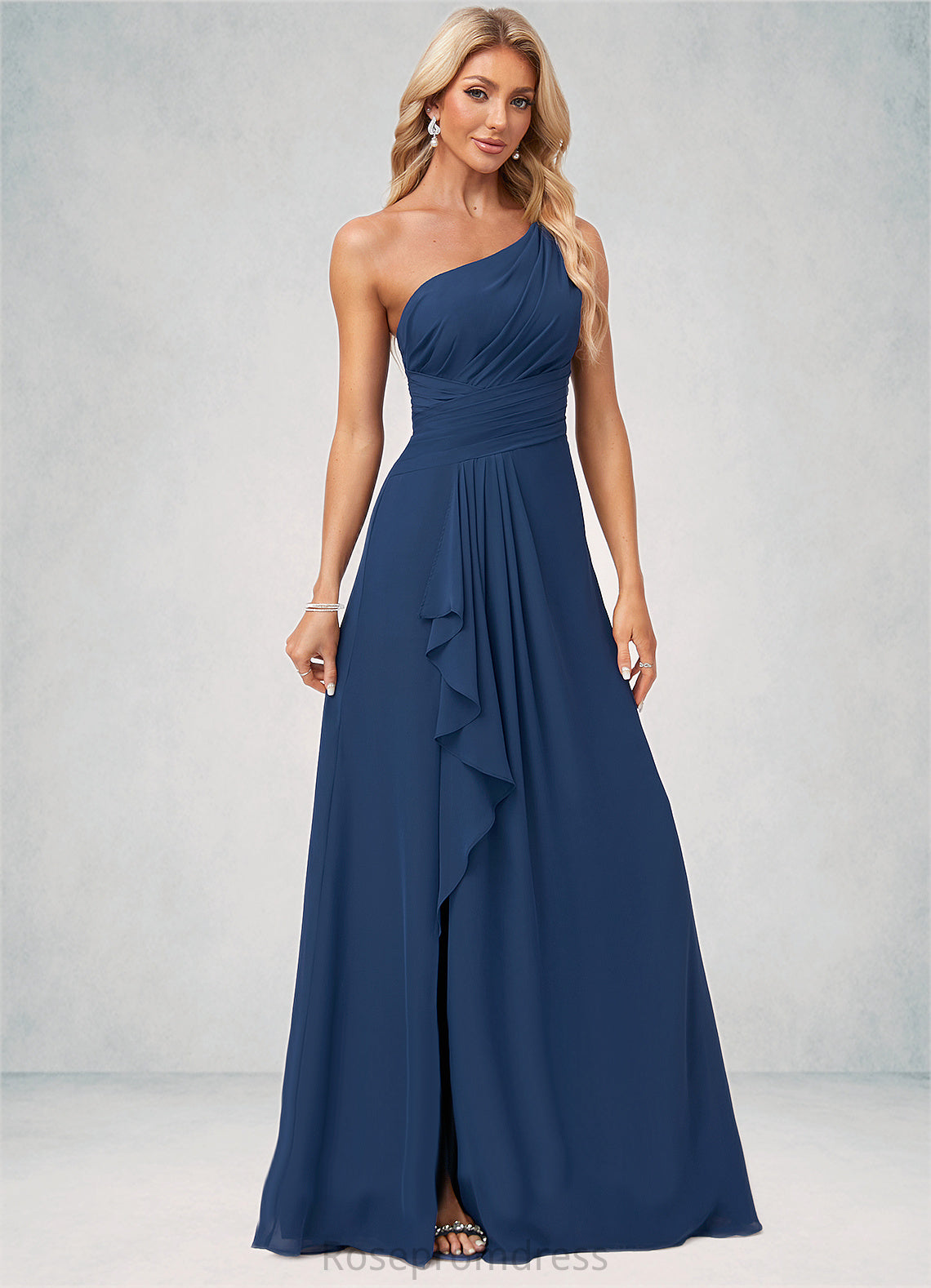 Amina A-line One Shoulder Floor-Length Chiffon Bridesmaid Dress With Ruffle SRSP0022581