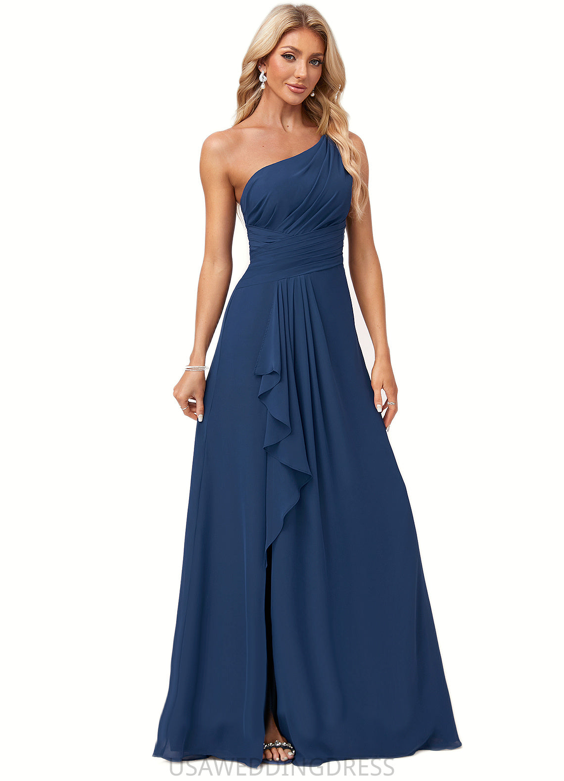 Dulce A-line One Shoulder Floor-Length Chiffon Bridesmaid Dress With Ruffle DSP0022581