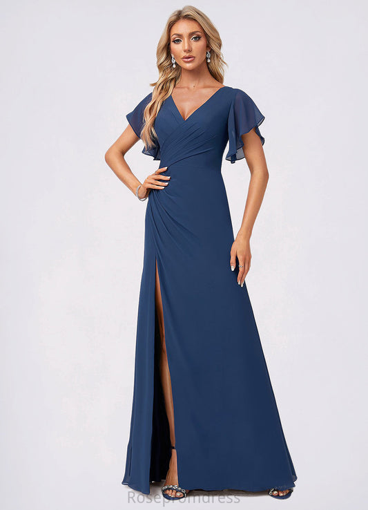 Sandy A-line V-Neck Floor-Length Chiffon Bridesmaid Dress With Ruffle SRSP0022582