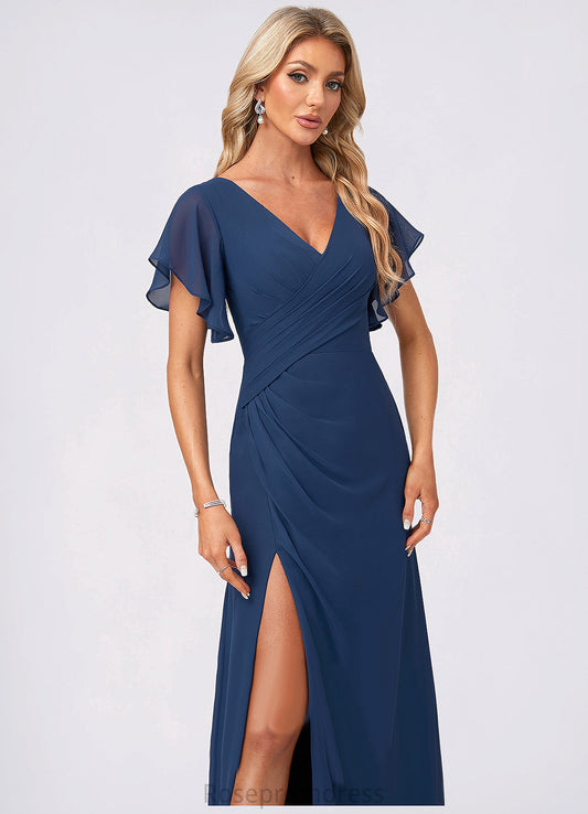 Sandy A-line V-Neck Floor-Length Chiffon Bridesmaid Dress With Ruffle SRSP0022582