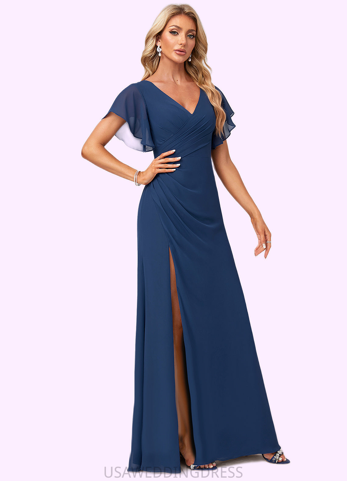 Katharine A-line V-Neck Floor-Length Chiffon Bridesmaid Dress With Ruffle DSP0022582