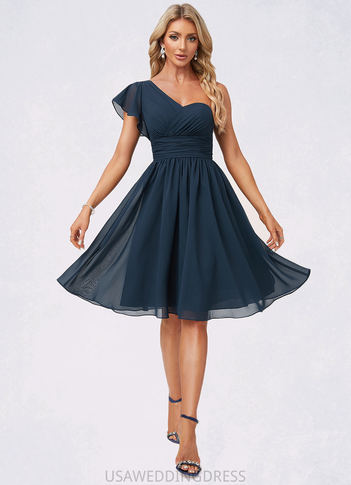 Mina A-line One Shoulder Knee-Length Chiffon Bridesmaid Dress With Ruffle DSP0022583