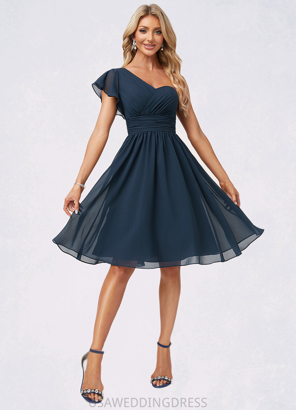 Mina A-line One Shoulder Knee-Length Chiffon Bridesmaid Dress With Ruffle DSP0022583