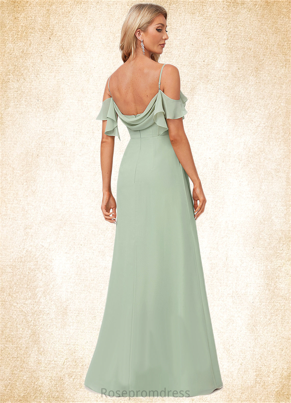 Lauren A-line Cold Shoulder Floor-Length Chiffon Bridesmaid Dress With Ruffle SRSP0022586