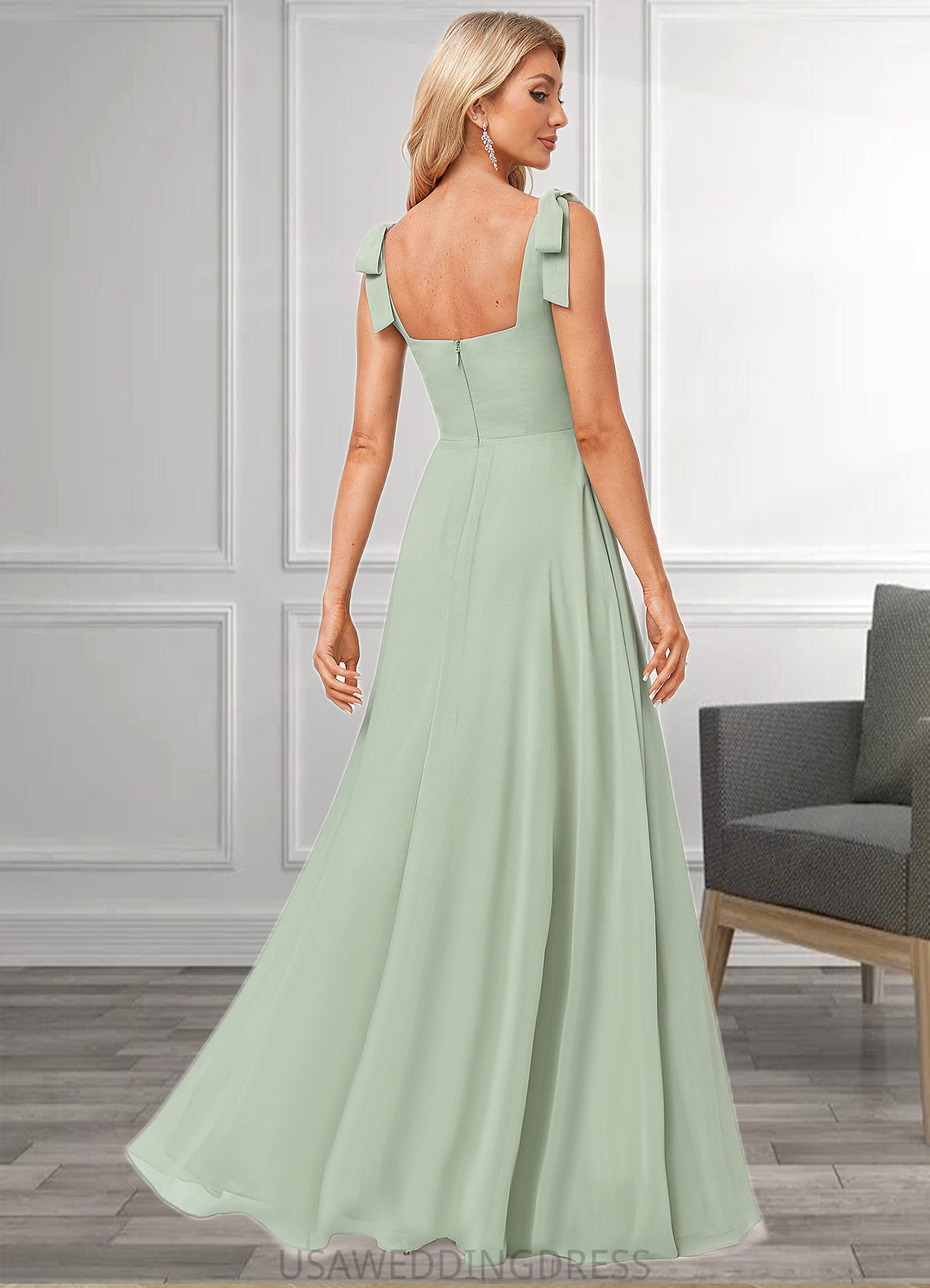 Aylin A-line Square Floor-Length Chiffon Bridesmaid Dress With Bow DSP0022588