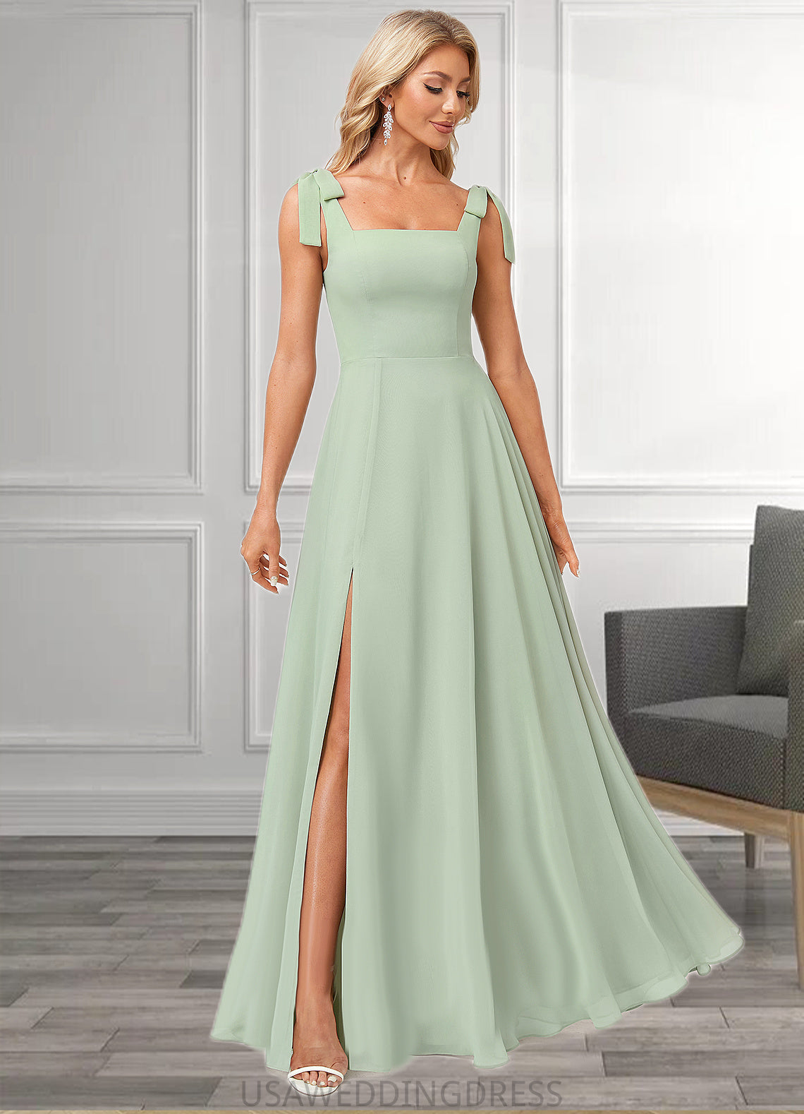 Aylin A-line Square Floor-Length Chiffon Bridesmaid Dress With Bow DSP0022588