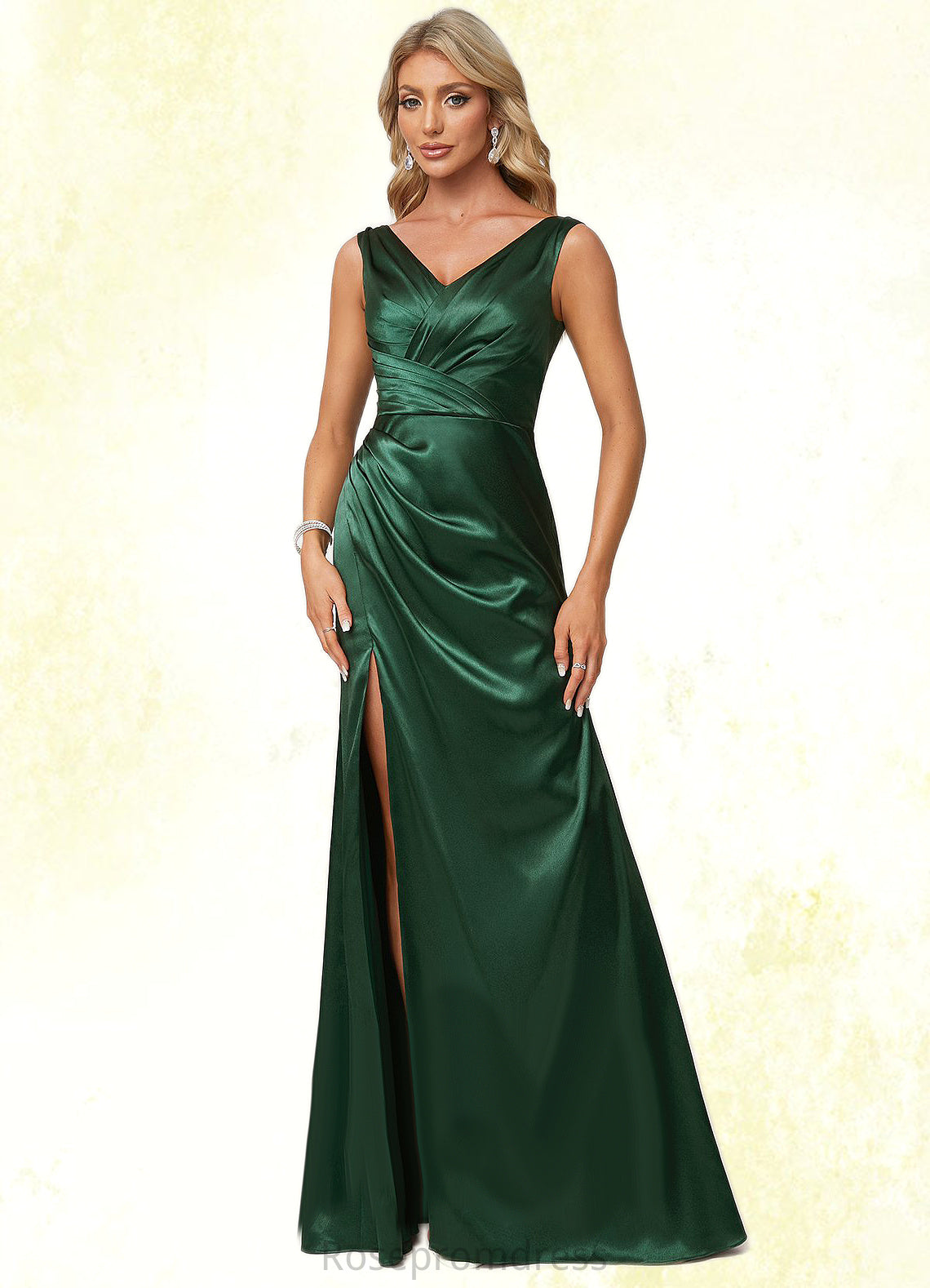 Aliza A-line V-Neck Floor-Length Stretch Satin Bridesmaid Dress SRSP0022590