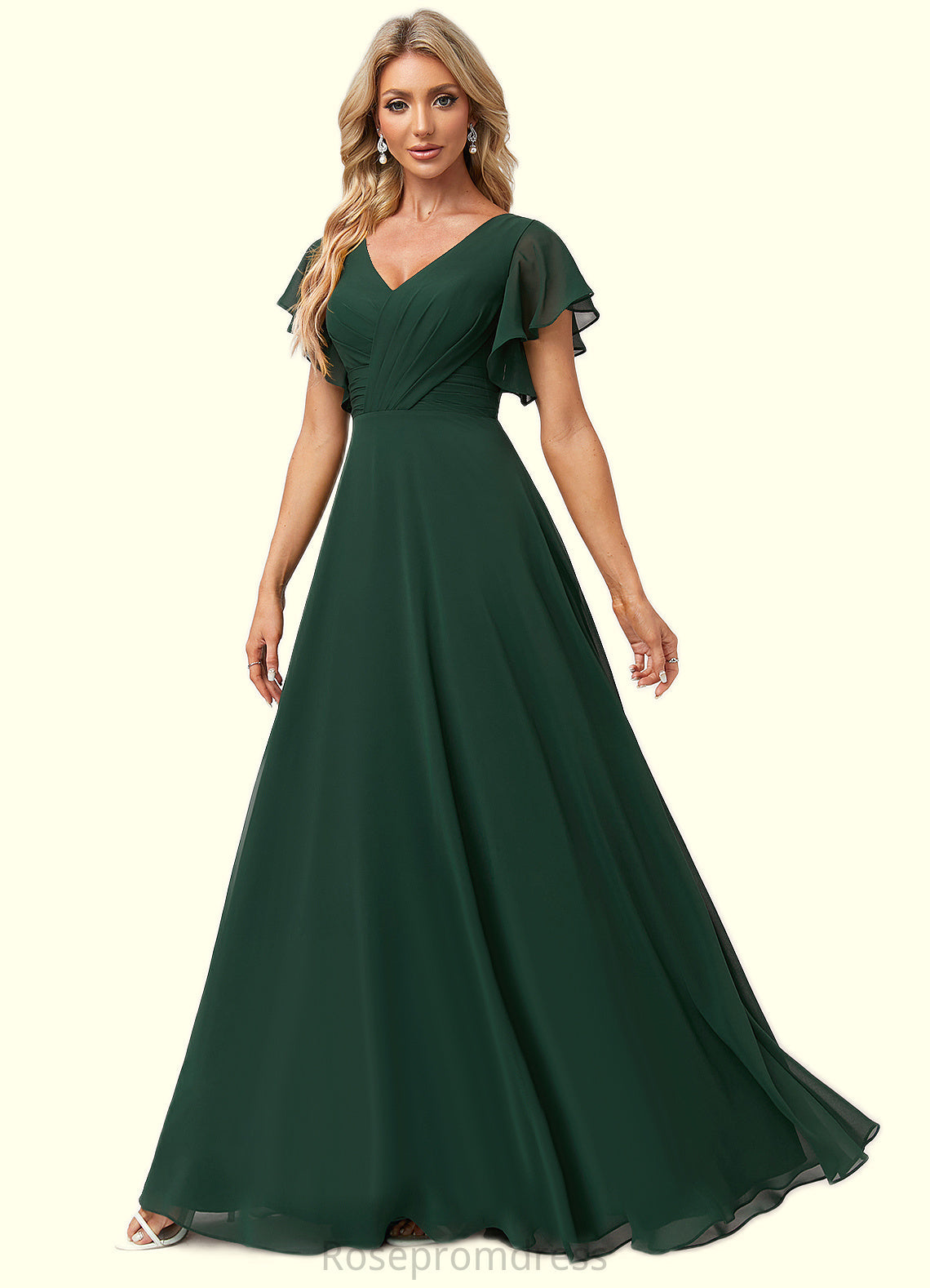 Henrietta A-line V-Neck Floor-Length Chiffon Bridesmaid Dress With Ruffle SRSP0022591