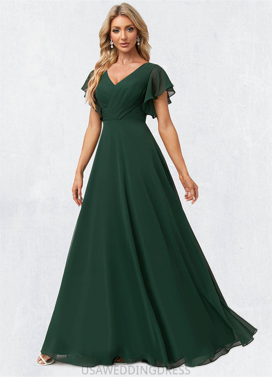 Kassandra A-line V-Neck Floor-Length Chiffon Bridesmaid Dress With Ruffle DSP0022591