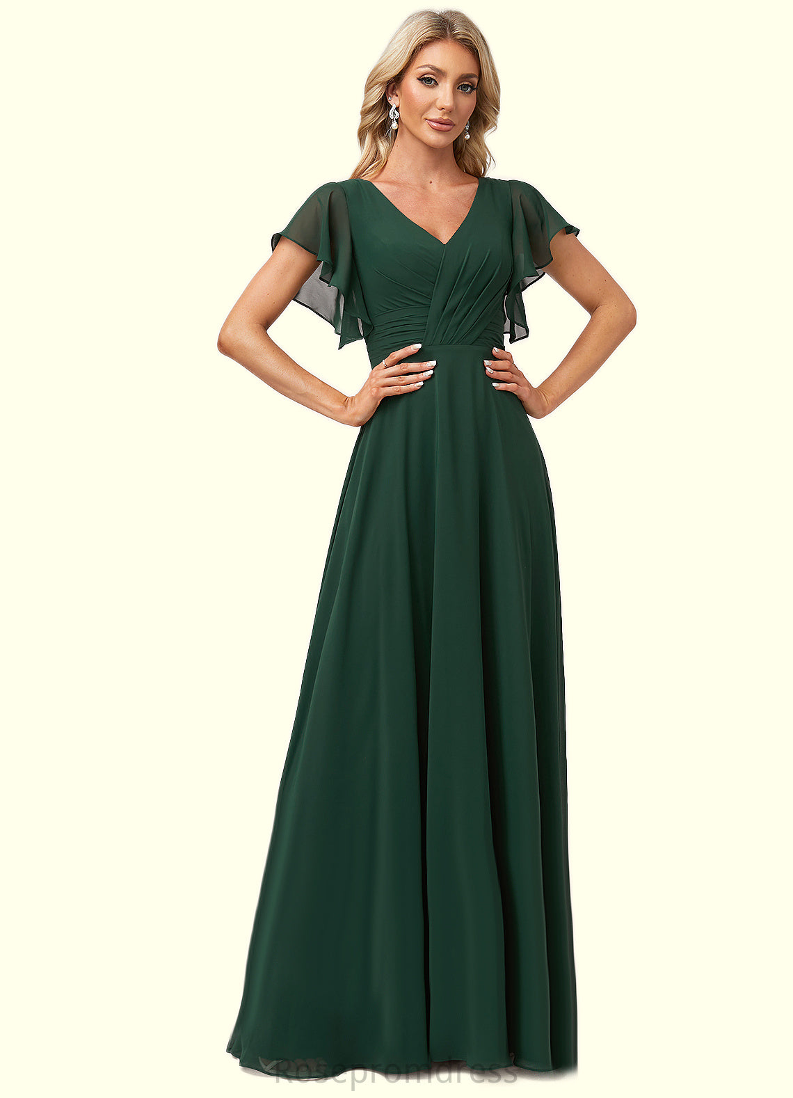 Henrietta A-line V-Neck Floor-Length Chiffon Bridesmaid Dress With Ruffle SRSP0022591