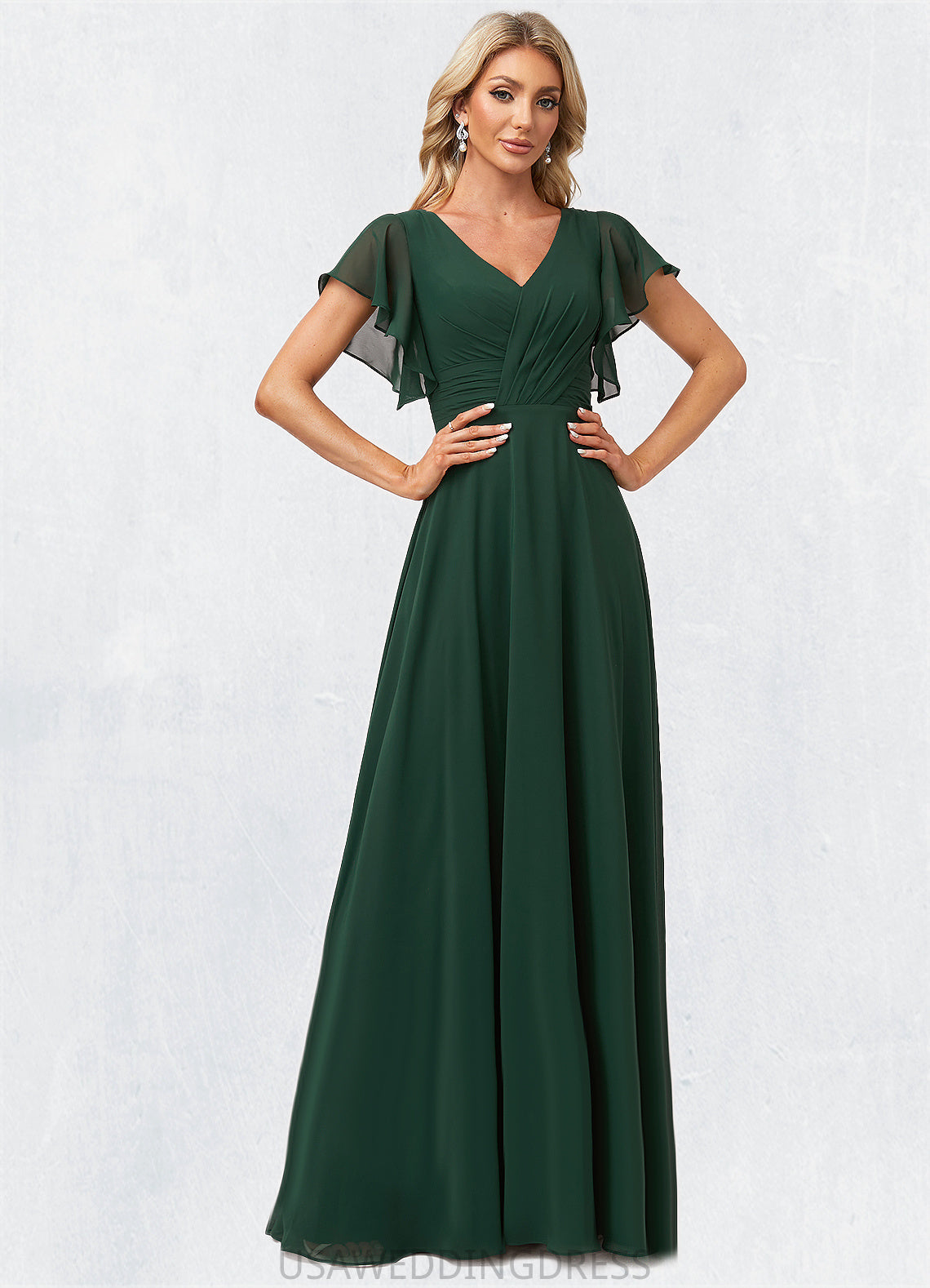 Kassandra A-line V-Neck Floor-Length Chiffon Bridesmaid Dress With Ruffle DSP0022591