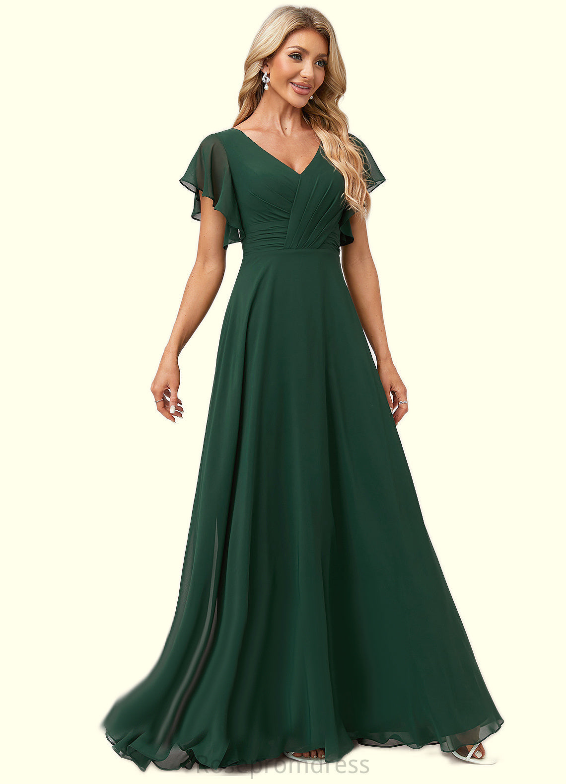 Henrietta A-line V-Neck Floor-Length Chiffon Bridesmaid Dress With Ruffle SRSP0022591