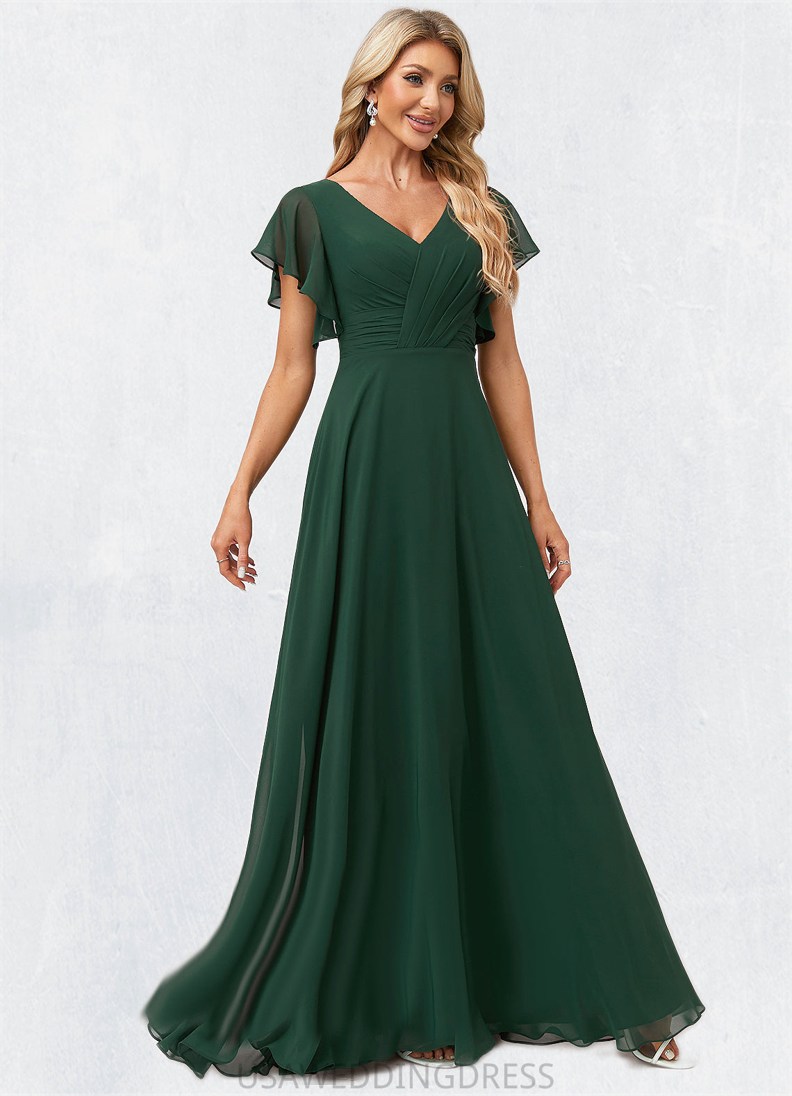 Kassandra A-line V-Neck Floor-Length Chiffon Bridesmaid Dress With Ruffle DSP0022591