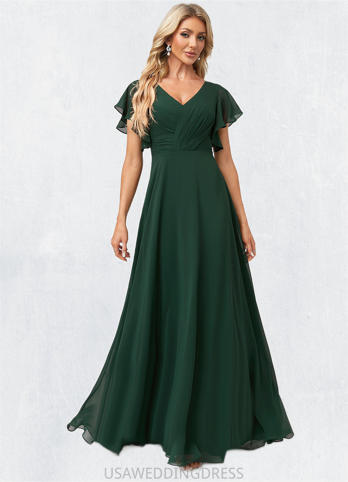 Kassandra A-line V-Neck Floor-Length Chiffon Bridesmaid Dress With Ruffle DSP0022591