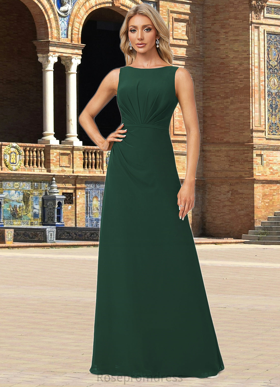 Skyla A-line Boat Neck Floor-Length Chiffon Bridesmaid Dress SRSP0022592