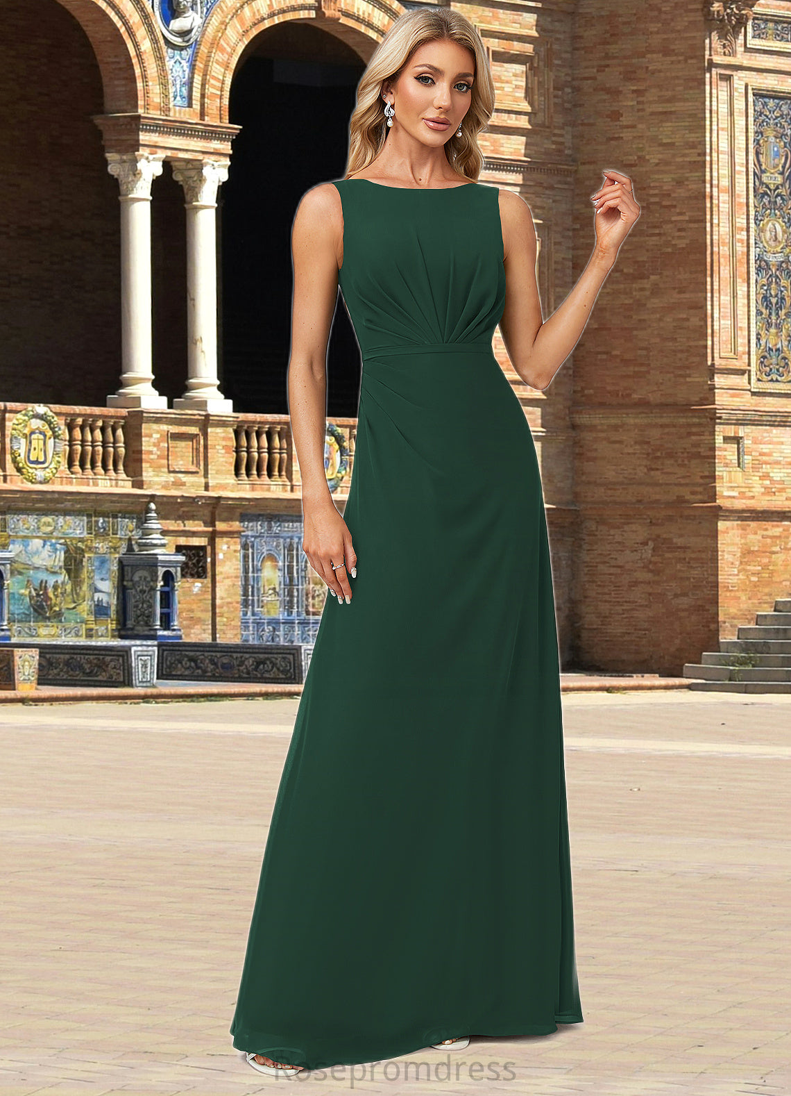 Skyla A-line Boat Neck Floor-Length Chiffon Bridesmaid Dress SRSP0022592