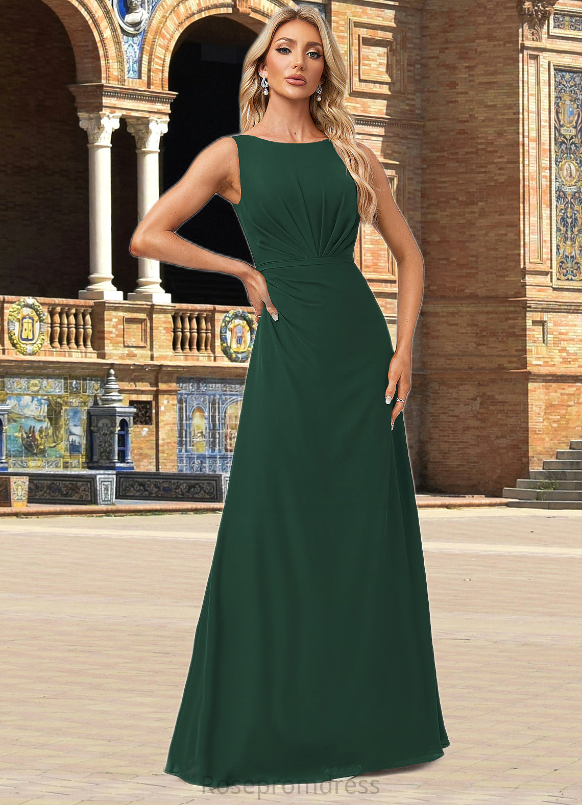 Skyla A-line Boat Neck Floor-Length Chiffon Bridesmaid Dress SRSP0022592