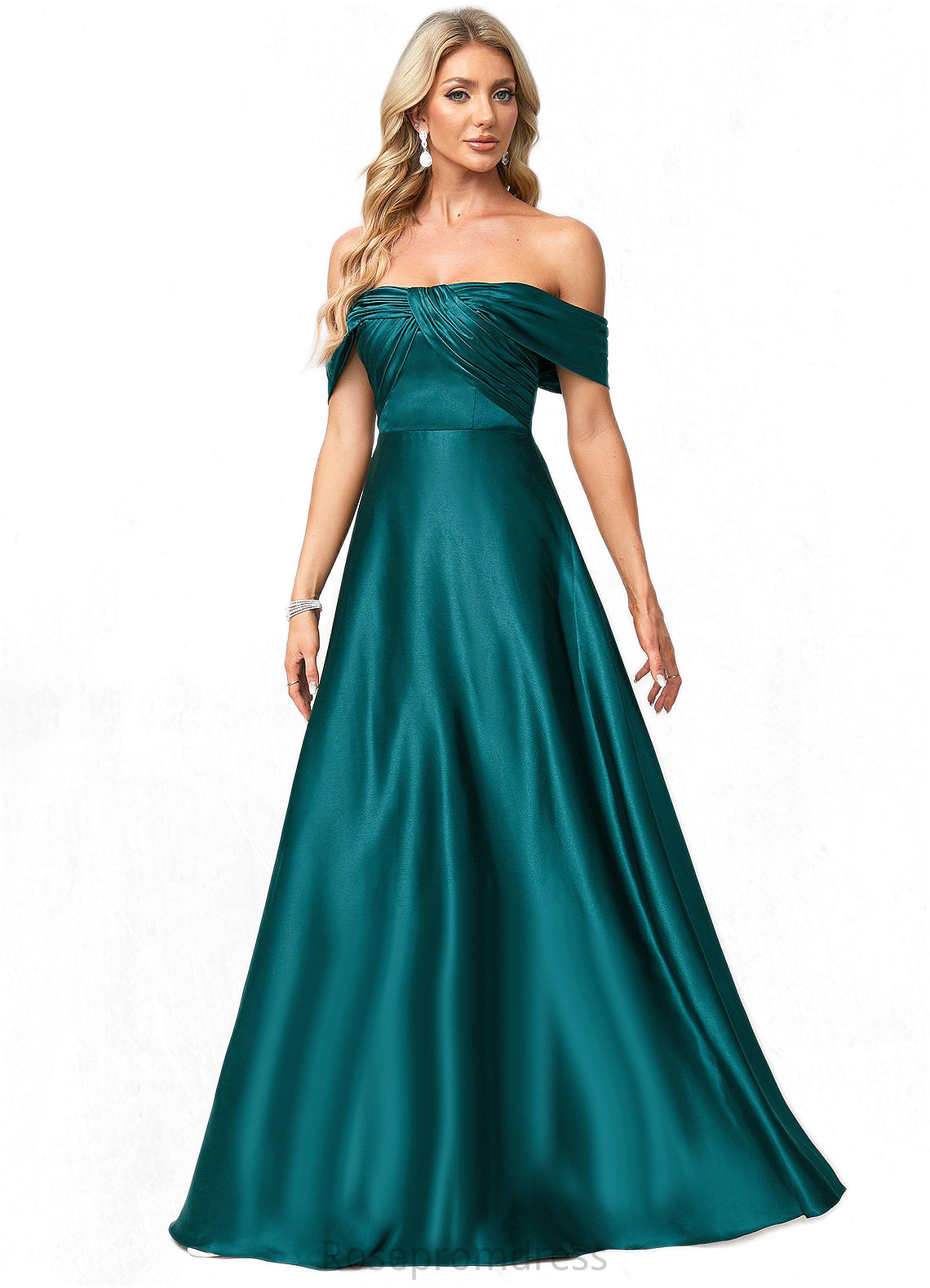 Emma A-line Off the Shoulder Floor-Length Stretch Satin Bridesmaid Dress SRSP0022595