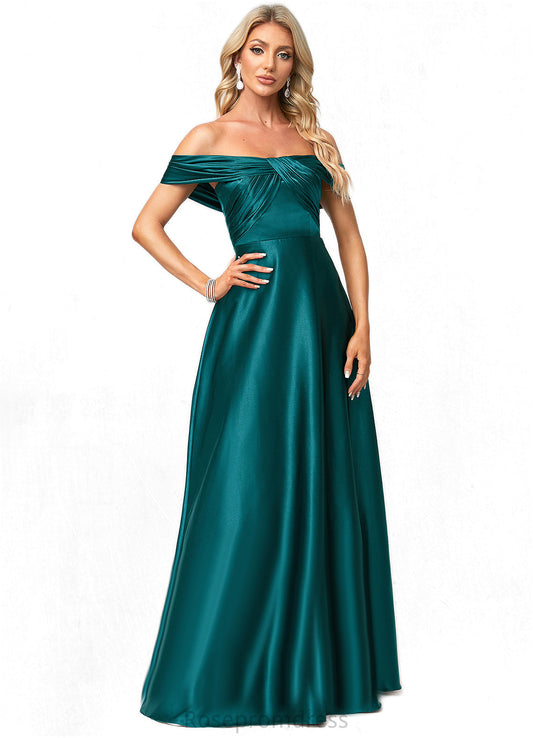 Emma A-line Off the Shoulder Floor-Length Stretch Satin Bridesmaid Dress SRSP0022595