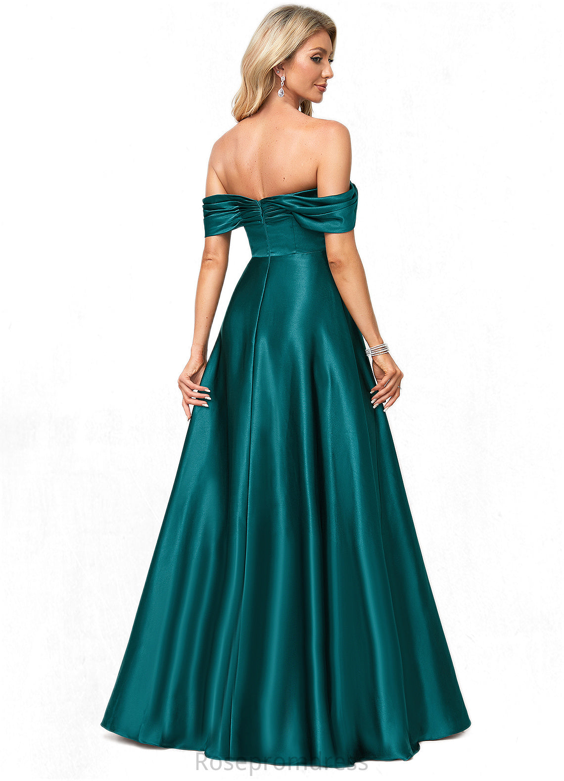 Emma A-line Off the Shoulder Floor-Length Stretch Satin Bridesmaid Dress SRSP0022595