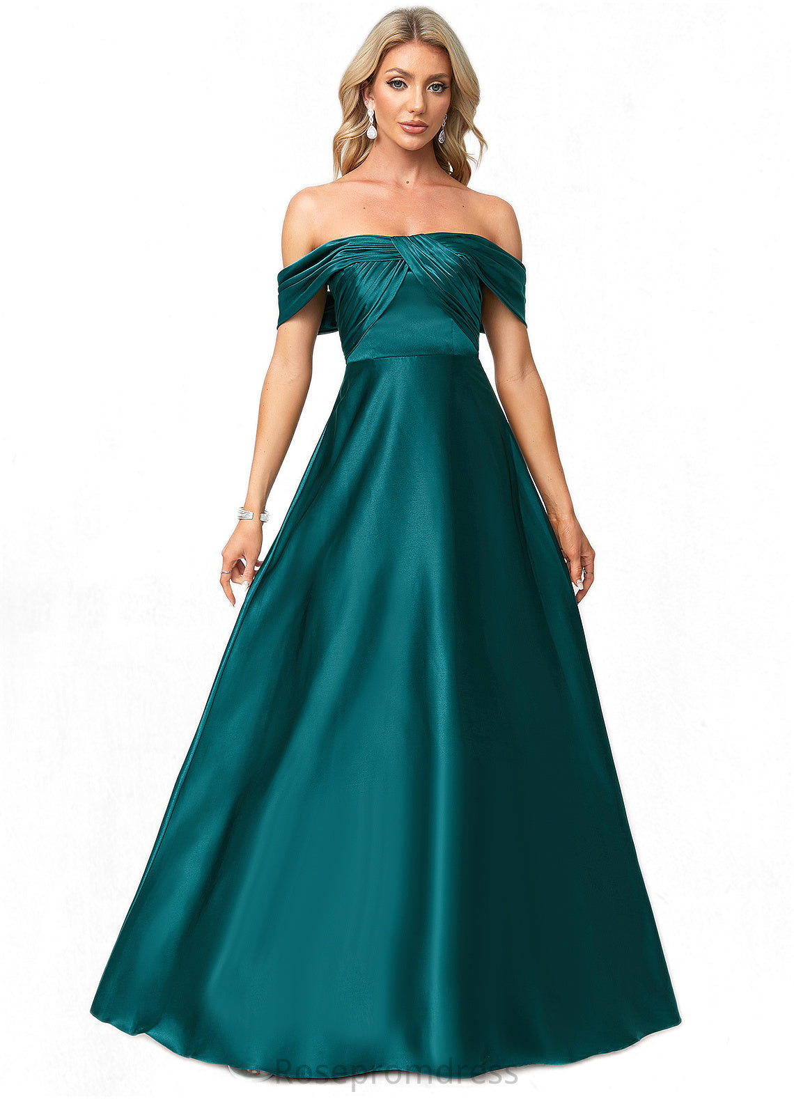 Emma A-line Off the Shoulder Floor-Length Stretch Satin Bridesmaid Dress SRSP0022595