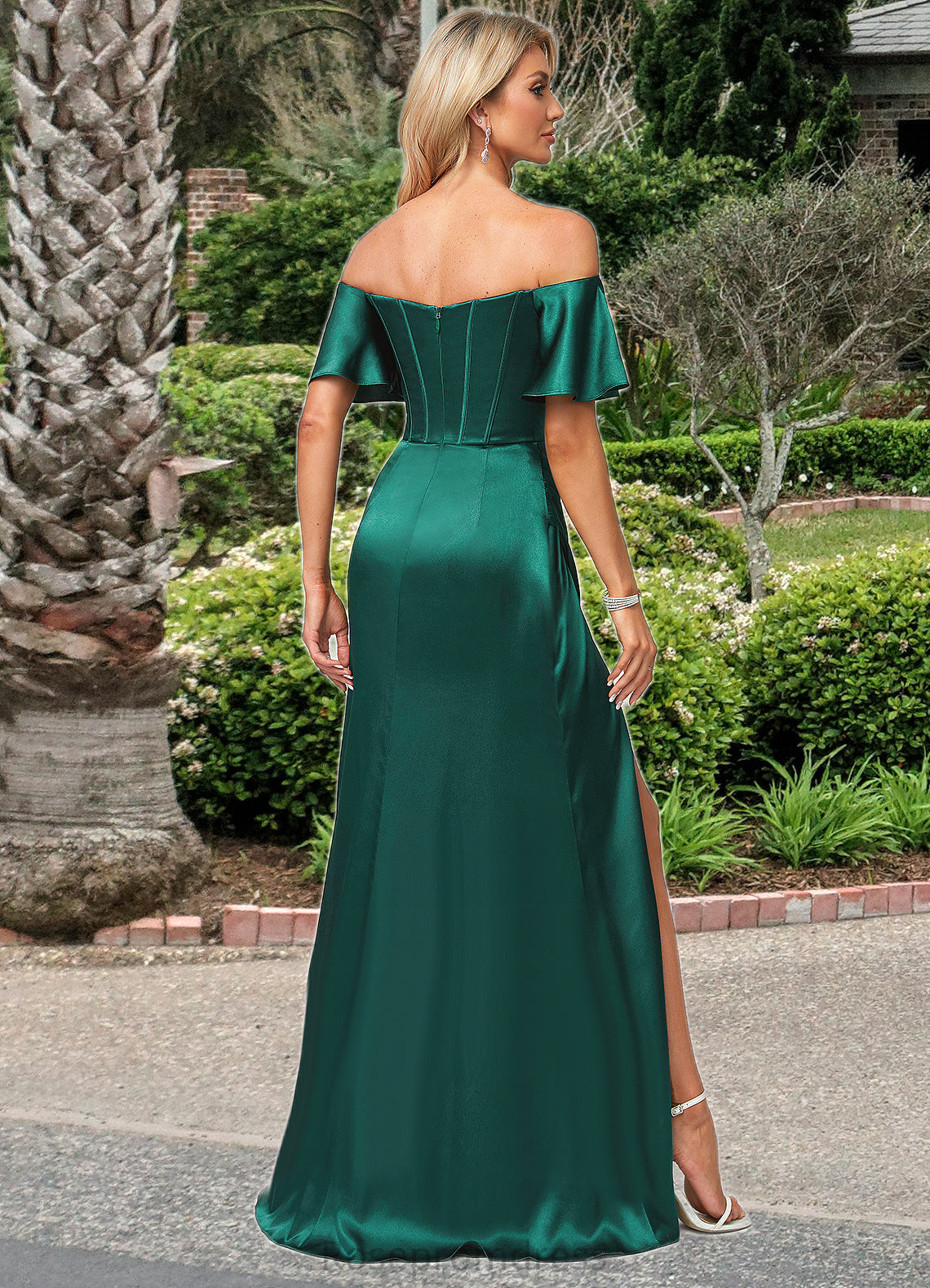 Gracie A-line Off the Shoulder Floor-Length Stretch Satin Bridesmaid Dress SRSP0022596