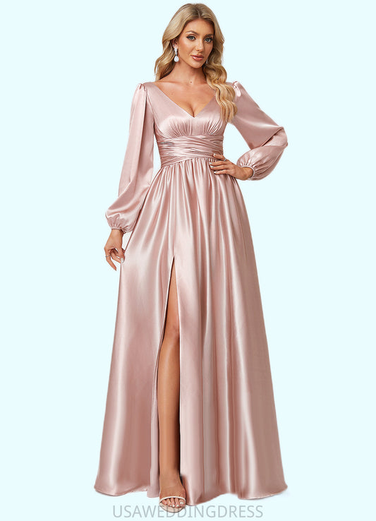 Mariana A-line V-Neck Floor-Length Stretch Satin Bridesmaid Dress DSP0022597