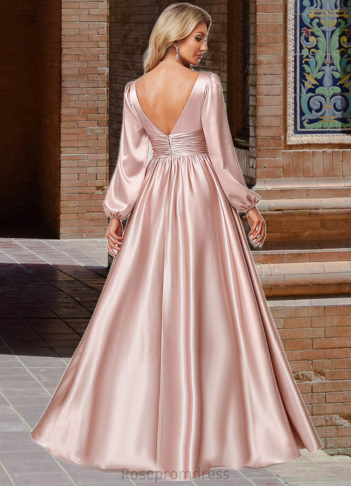 Lacey A-line V-Neck Floor-Length Stretch Satin Bridesmaid Dress SRSP0022597