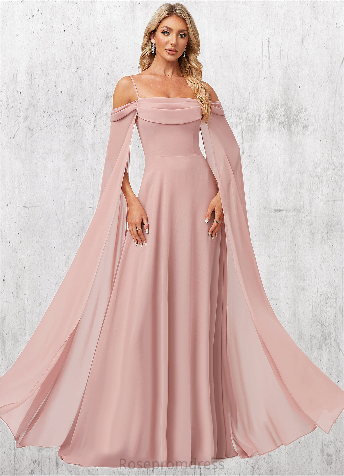Asia A-line Cold Shoulder Square Floor-Length Chiffon Bridesmaid Dress With Ruffle SRSP0022598