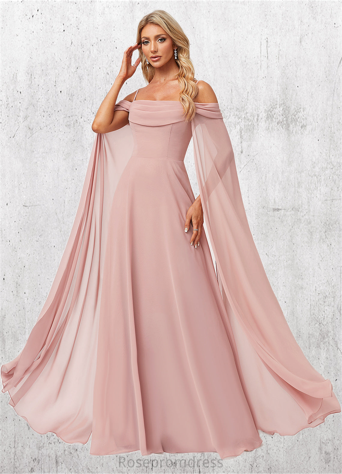 Asia A-line Cold Shoulder Square Floor-Length Chiffon Bridesmaid Dress With Ruffle SRSP0022598