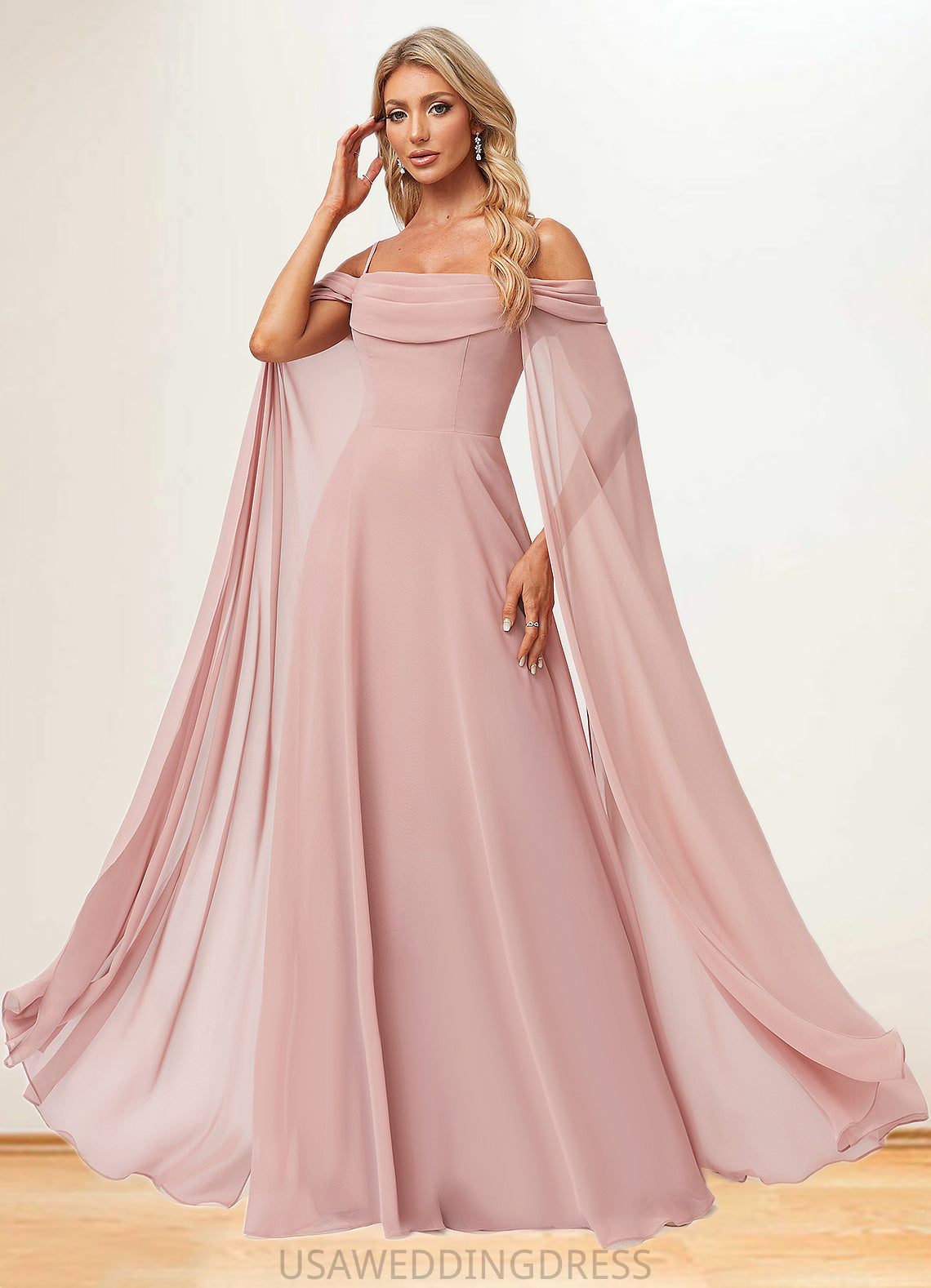 Nylah A-line Cold Shoulder Square Floor-Length Chiffon Bridesmaid Dress With Ruffle DSP0022598