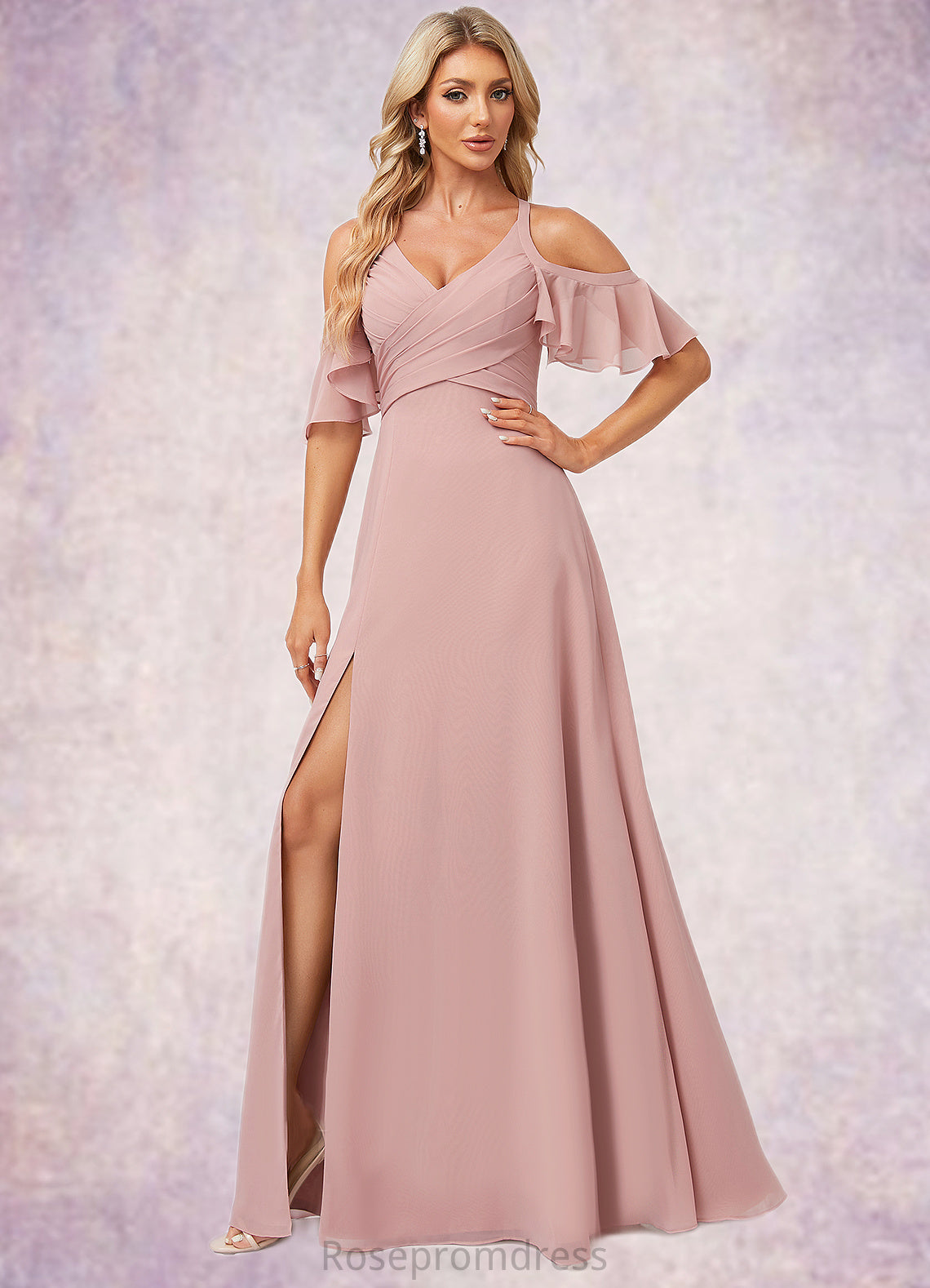Mckenzie A-line Cold Shoulder Floor-Length Chiffon Bridesmaid Dress With Ruffle SRSP0022599