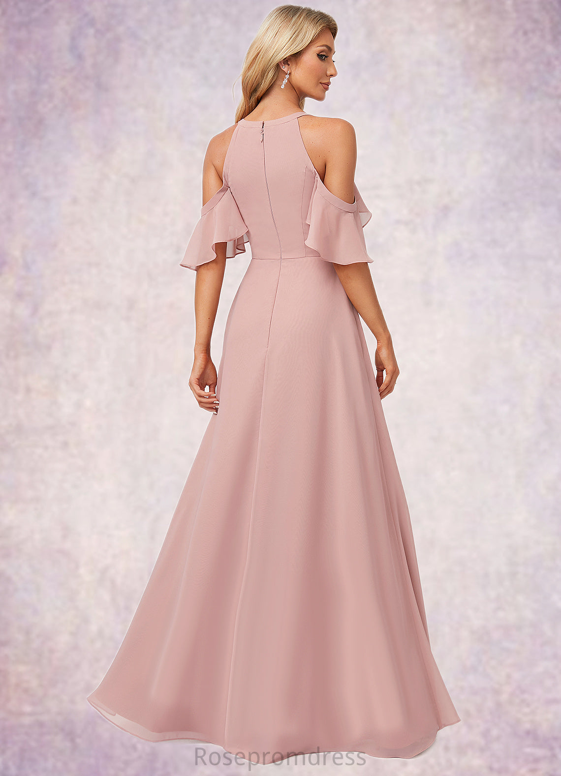 Mckenzie A-line Cold Shoulder Floor-Length Chiffon Bridesmaid Dress With Ruffle SRSP0022599