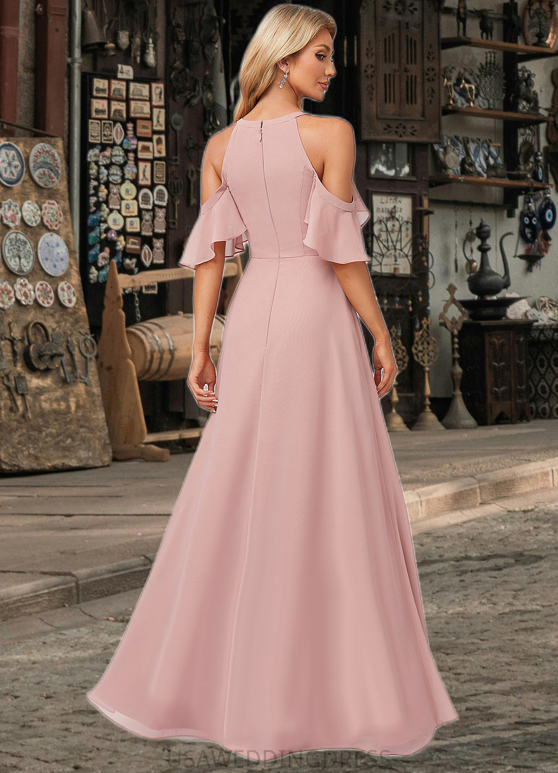 Christine A-line Cold Shoulder Floor-Length Chiffon Bridesmaid Dress With Ruffle DSP0022599