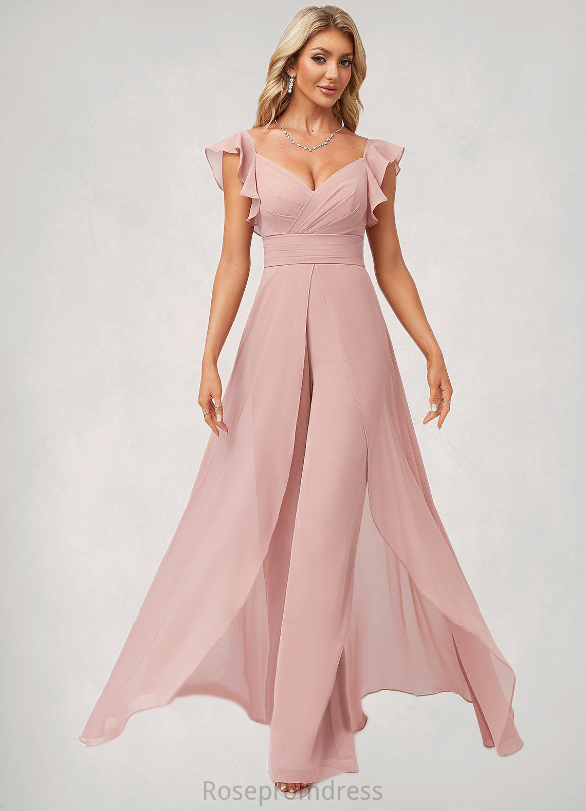 Ella Jumpsuit/Pantsuit V-Neck Floor-Length Chiffon Bridesmaid Dress With Ruffle SRSP0022600