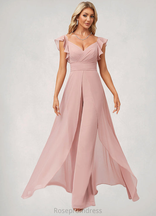 Ella Jumpsuit/Pantsuit V-Neck Floor-Length Chiffon Bridesmaid Dress With Ruffle SRSP0022600