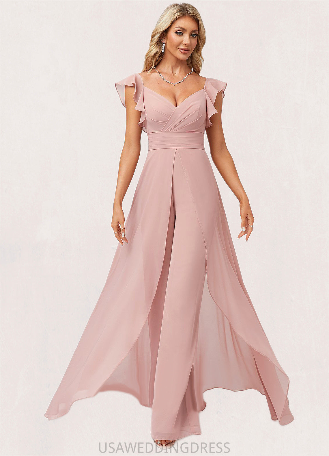 Alula Jumpsuit/Pantsuit V-Neck Floor-Length Chiffon Bridesmaid Dress With Ruffle DSP0022600